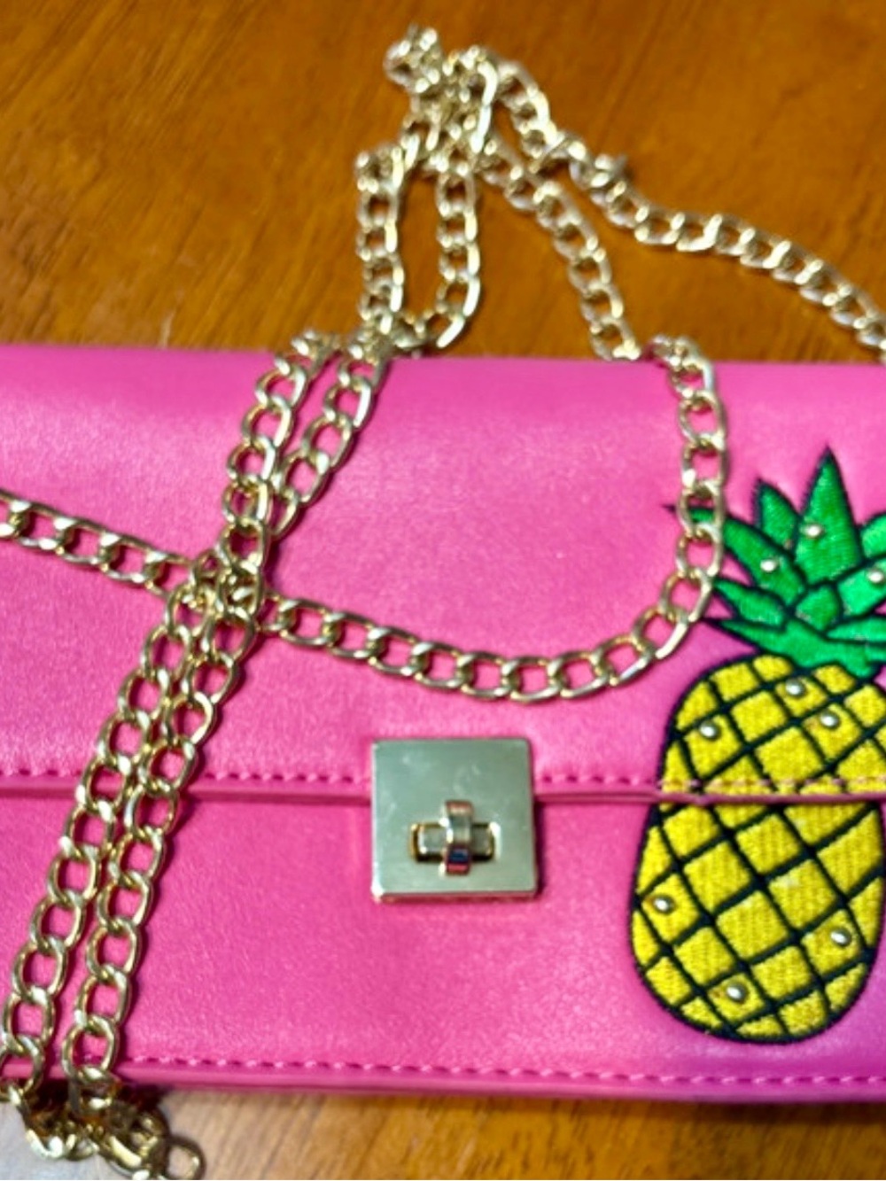 Olivia Miller Bright Pink Pineapple Crossbody with Gold Chain
